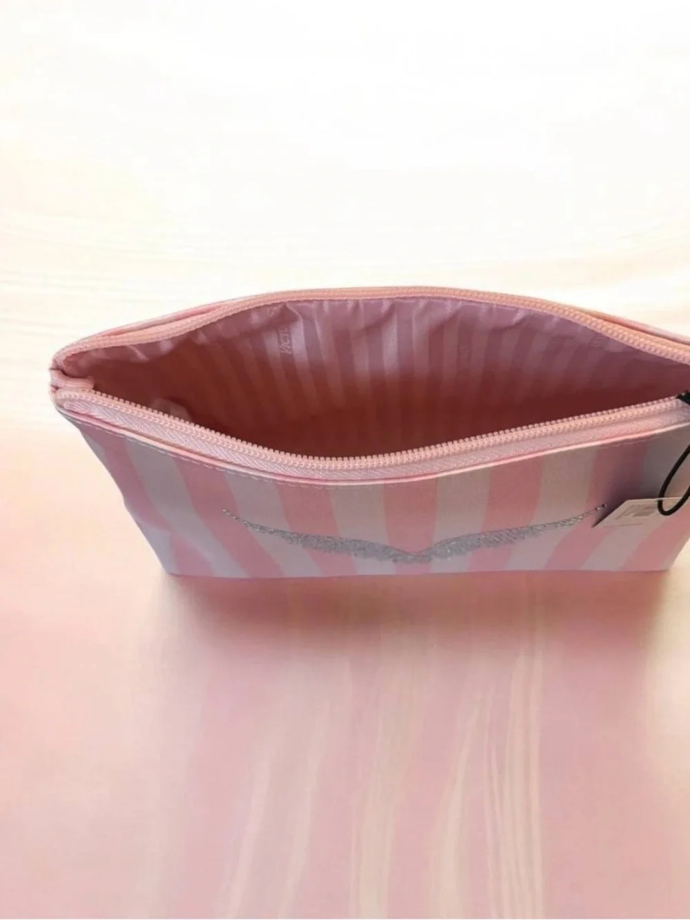 Pink & White Striped Cosmetic Pouch with Crystal Wing Accent